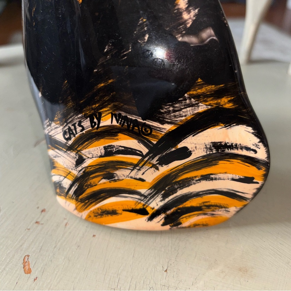Artisan vase. Nina Lyman Painted Black and Orange Cat Figurine - Picture 2 of 4